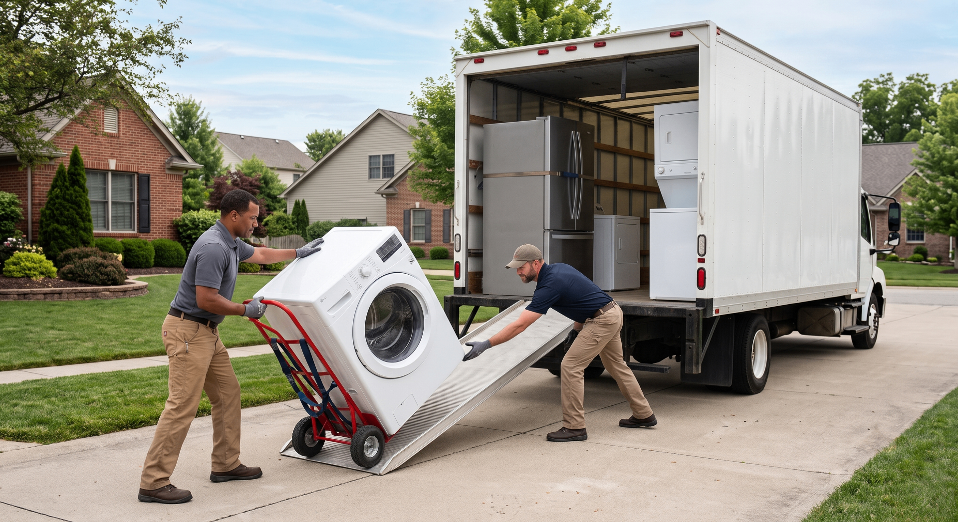 Two Pick Up Pros loading a front-loading washing machine onto a box truck in a suburban driveway Two Pick Up Pros loading a front-loading washing machine onto a box truck in a suburban driveway