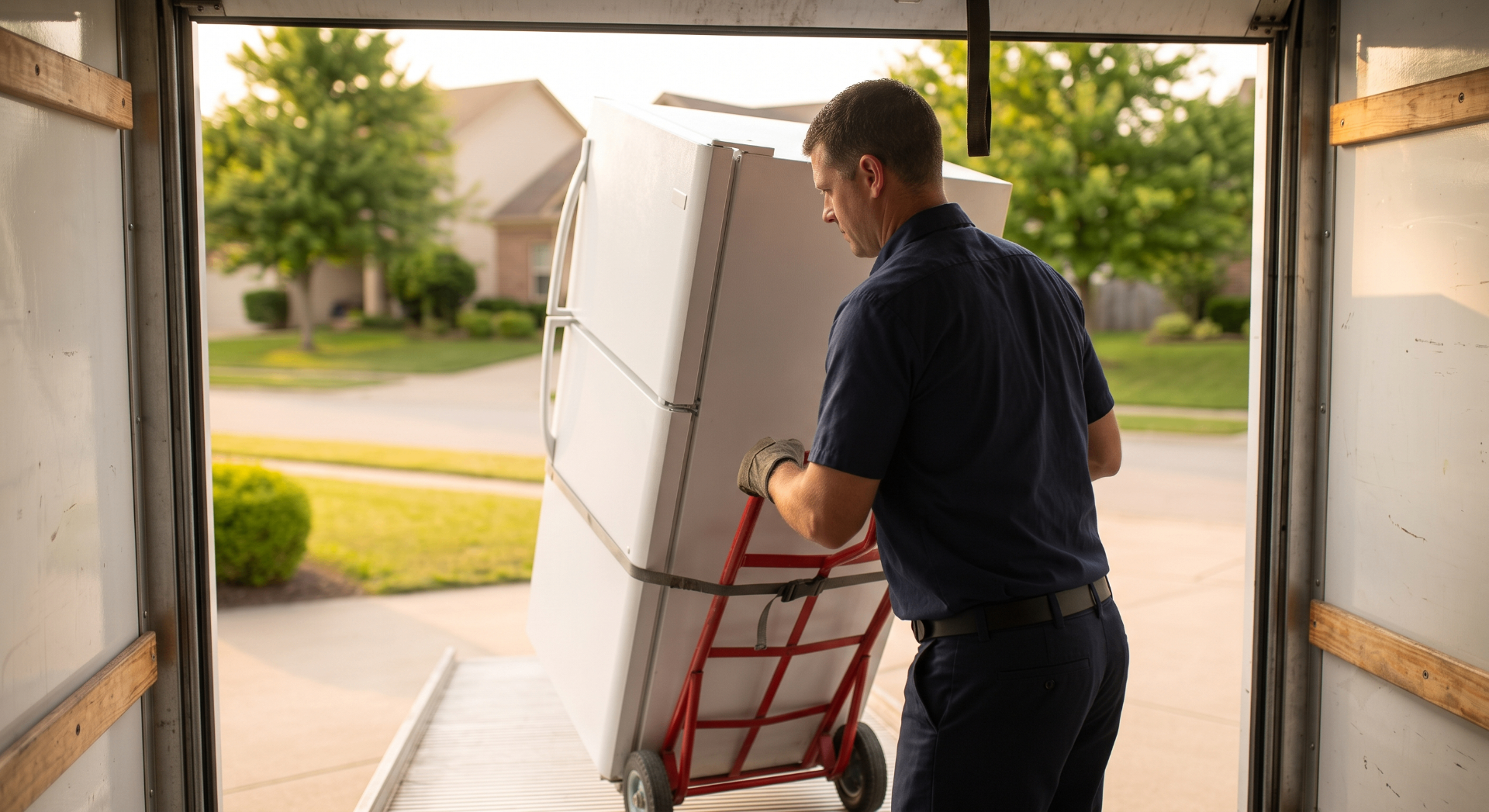 Old refrigerator being loaded onto a pickup truck for free haul-away