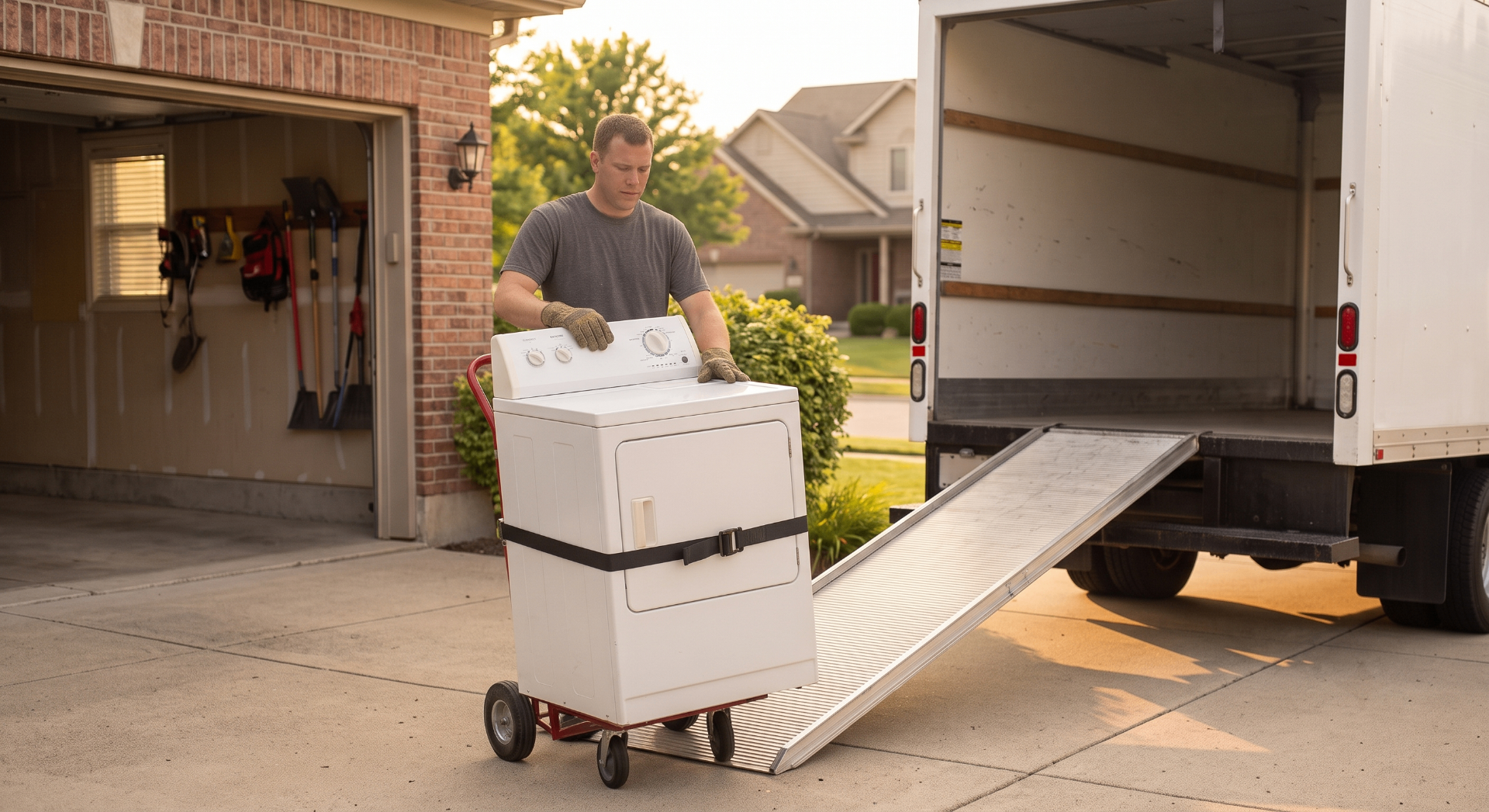 Old dryer being loaded onto a pickup truck for free haul-away