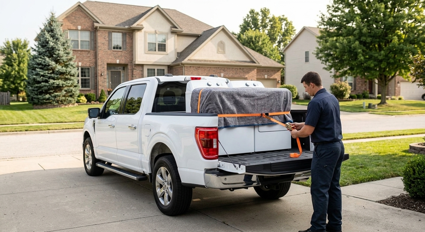Old appliances being loaded onto a pickup truck for free haul-away