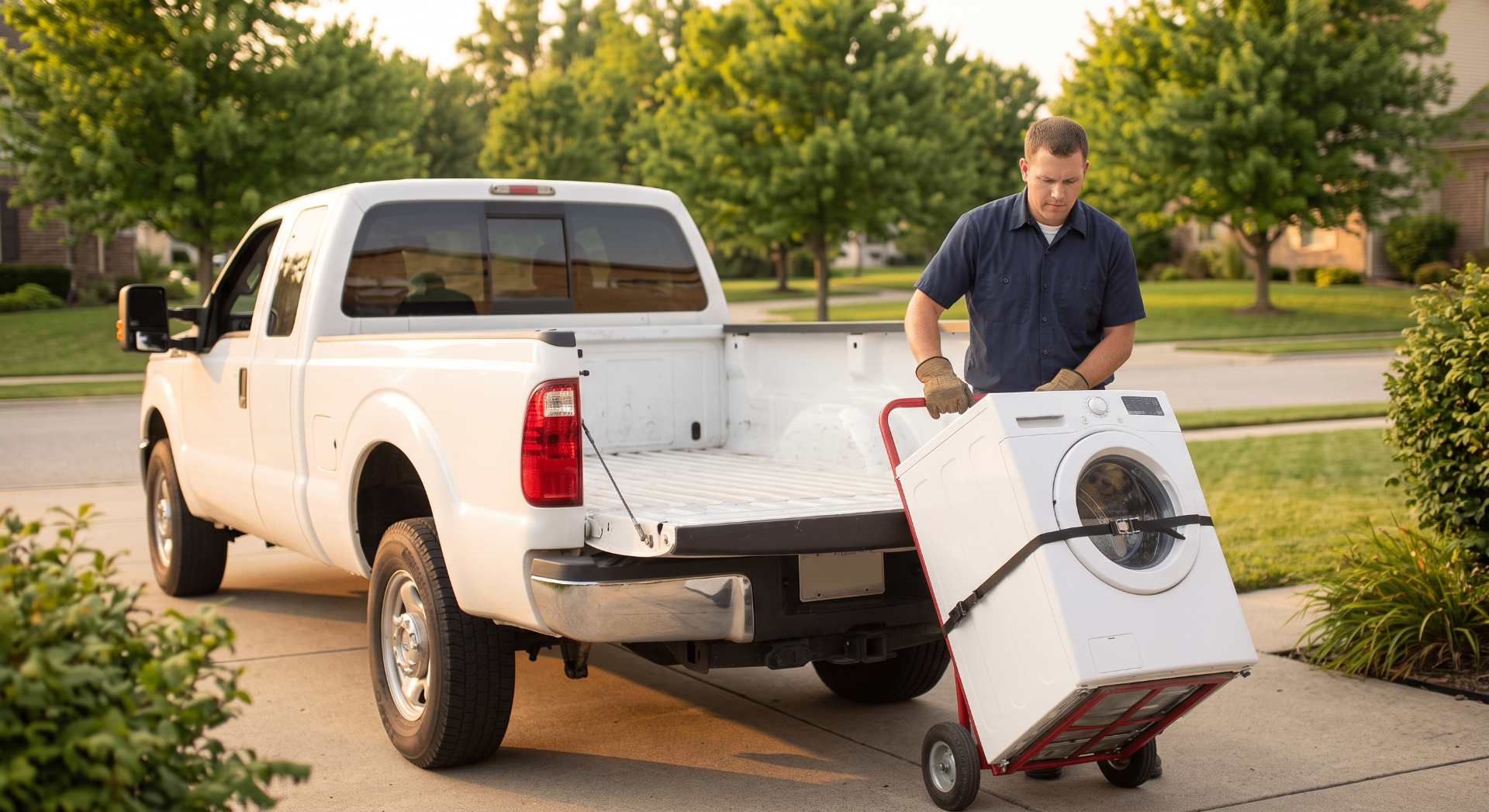 Old washing machine being loaded onto a pickup truck for free haul-away