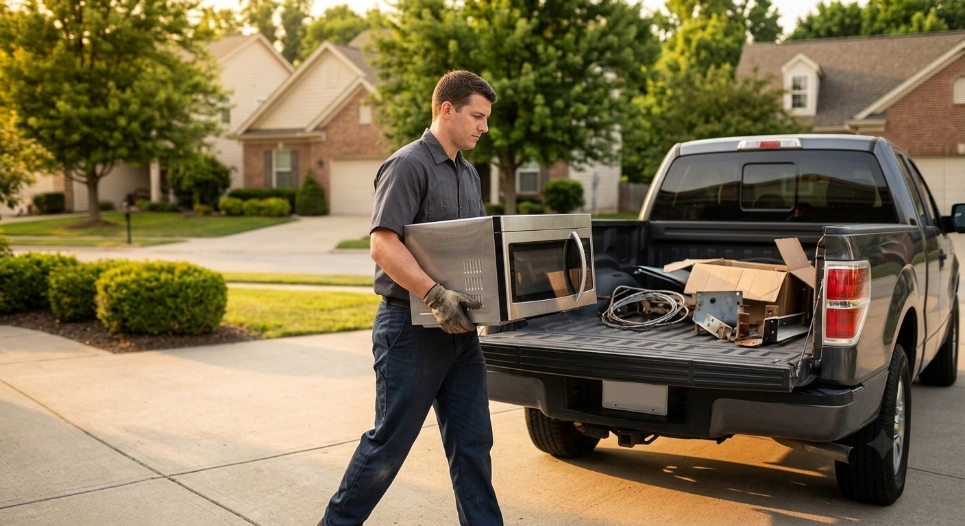 Old microwave being loaded onto a pickup truck for free haul-away