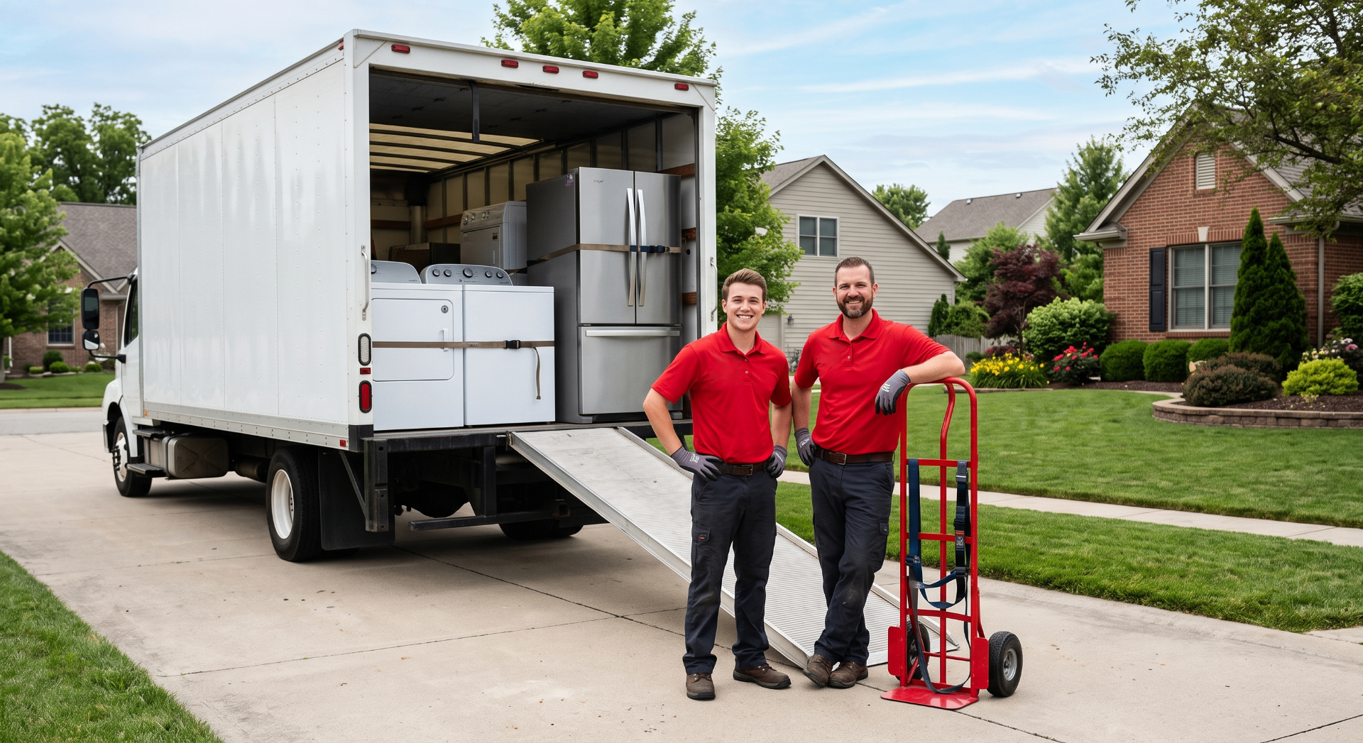 Two Pick Up Pros in red shirts standing in front of a box truck loaded with appliances in a suburban driveway